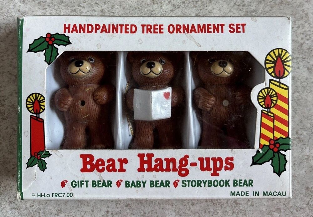 Set o 3 Vtg Hi-Lo Bear Hang Ups Christmas Tree Ornaments Hand Painted Macau 2.5"